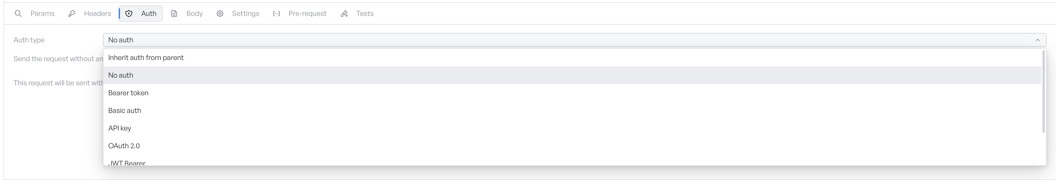 The Auth type dropdown open on a request, listing the authentication methods