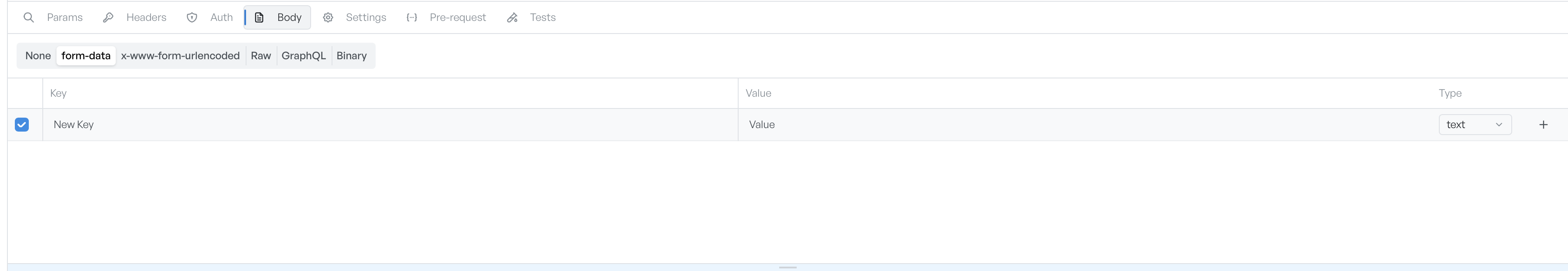 The Body tab type picker showing None, form-data, x-www-form-urlencoded, Raw, GraphQL, and Binary