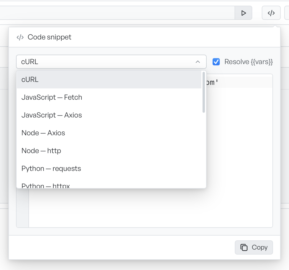 The language picker open, listing cURL, JavaScript, Node, Python, and more