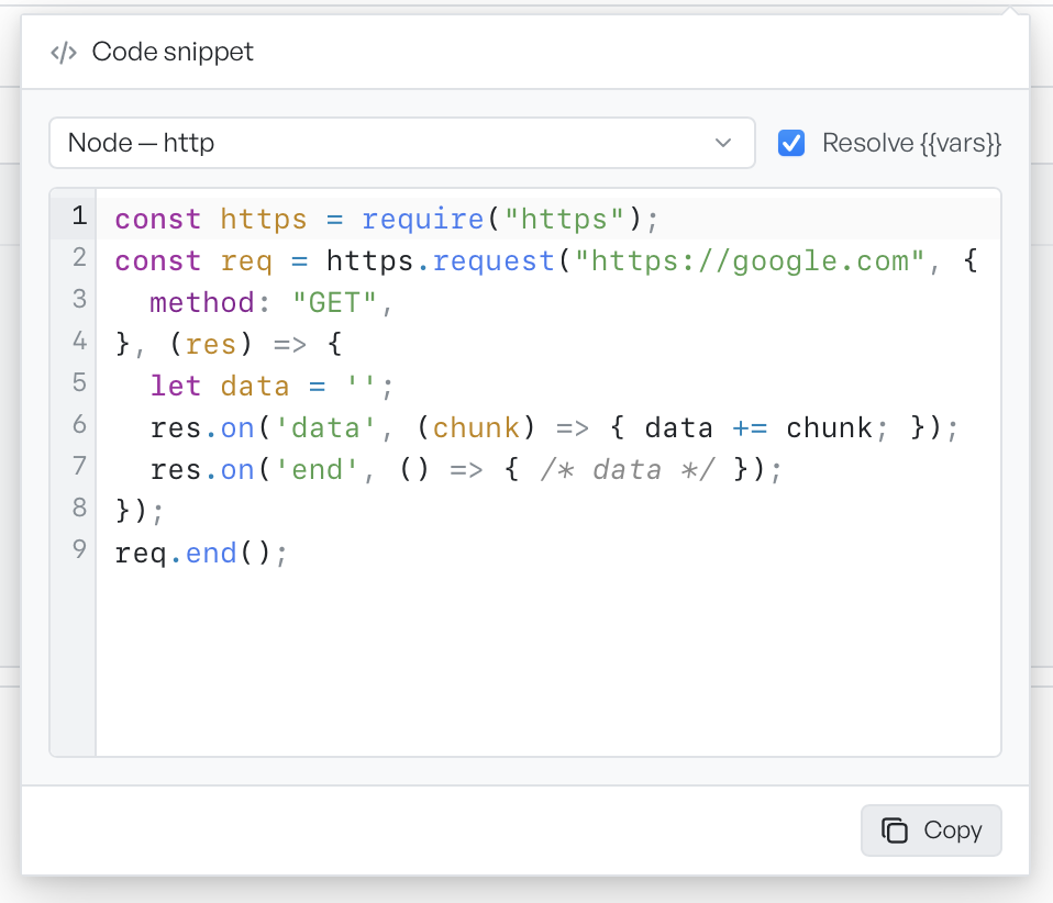 The code snippet panel showing generated code with the Resolve vars checkbox and a Copy button