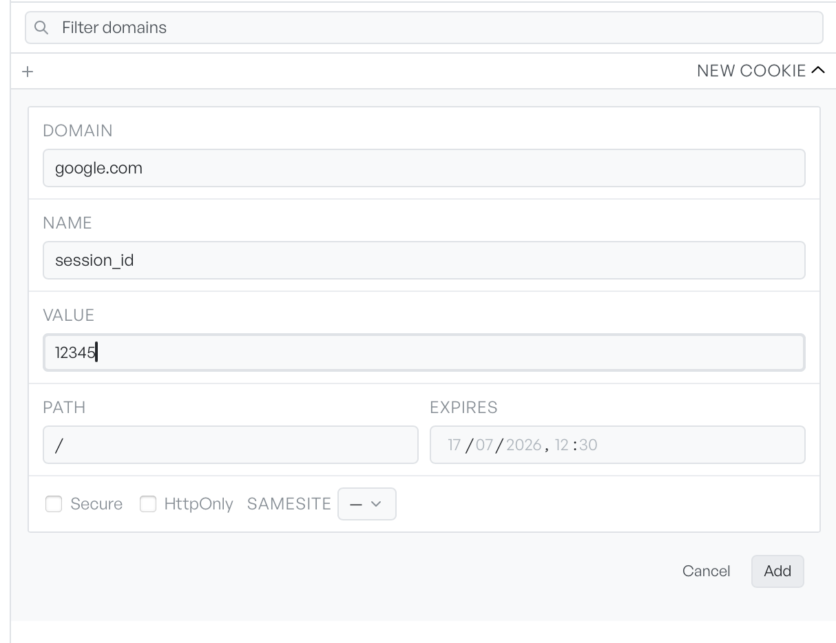 The new cookie form with fields for domain, name, value, path, expiry, and flags