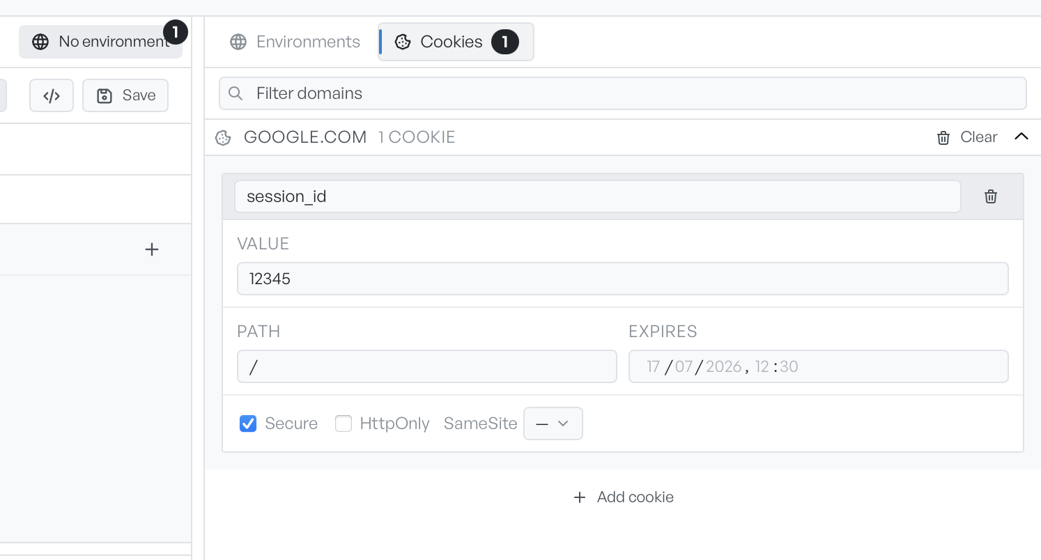 The Cookies tab showing cookies grouped by domain, each with its value, path, and flags
