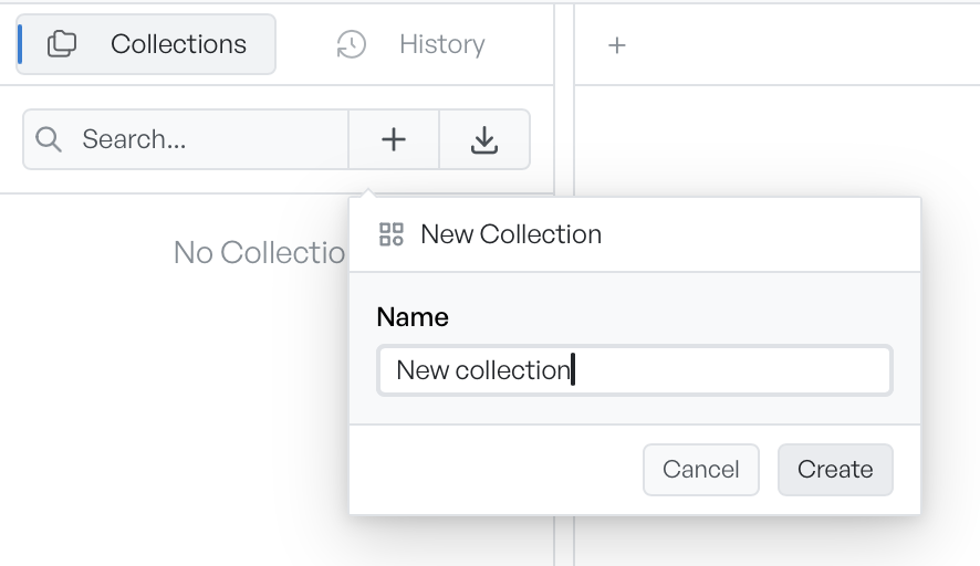 The New Collection popover open in the Collections panel, showing a Name field and a Create button