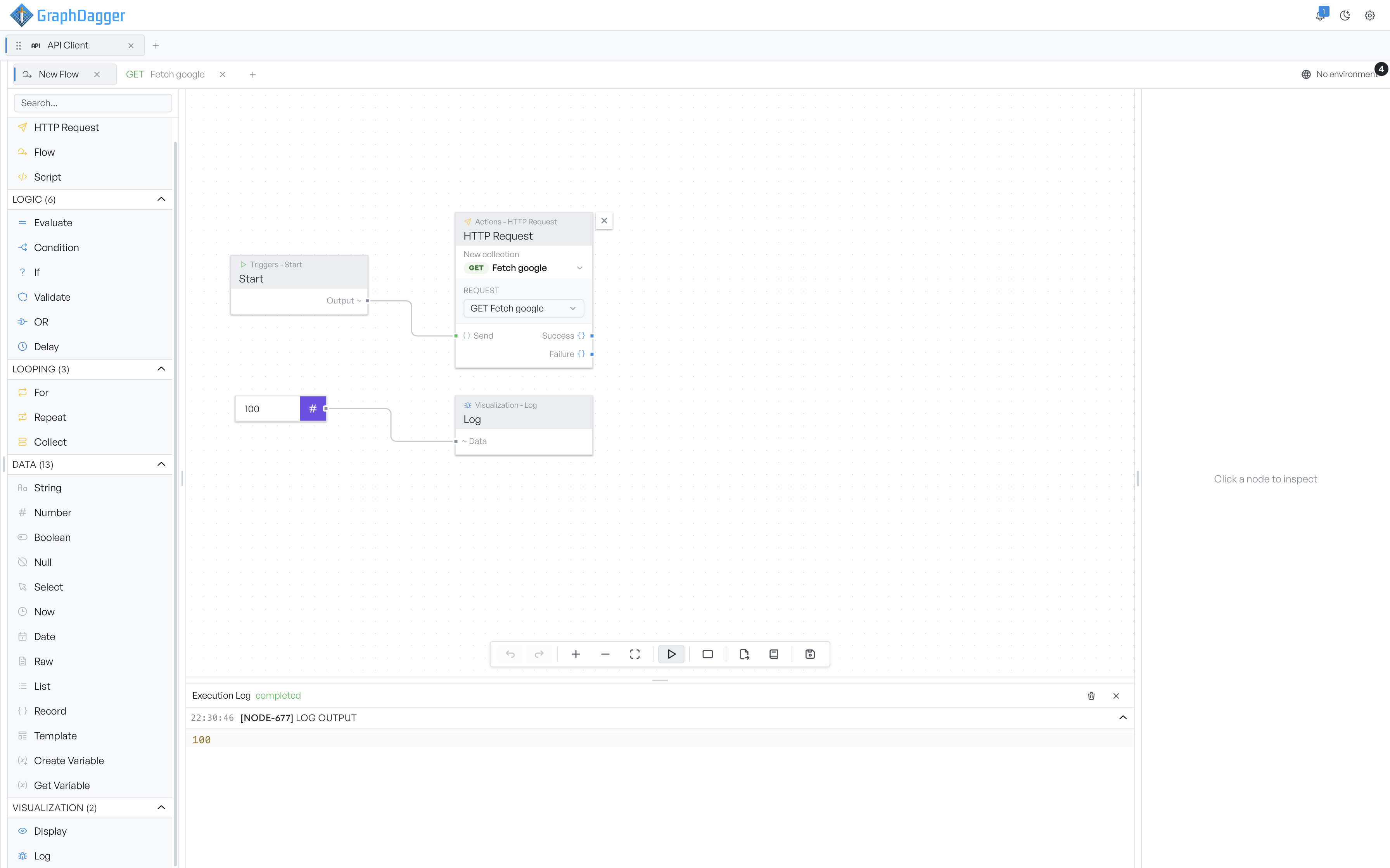 A flow on the canvas with a Start trigger connected to an HTTP Request block