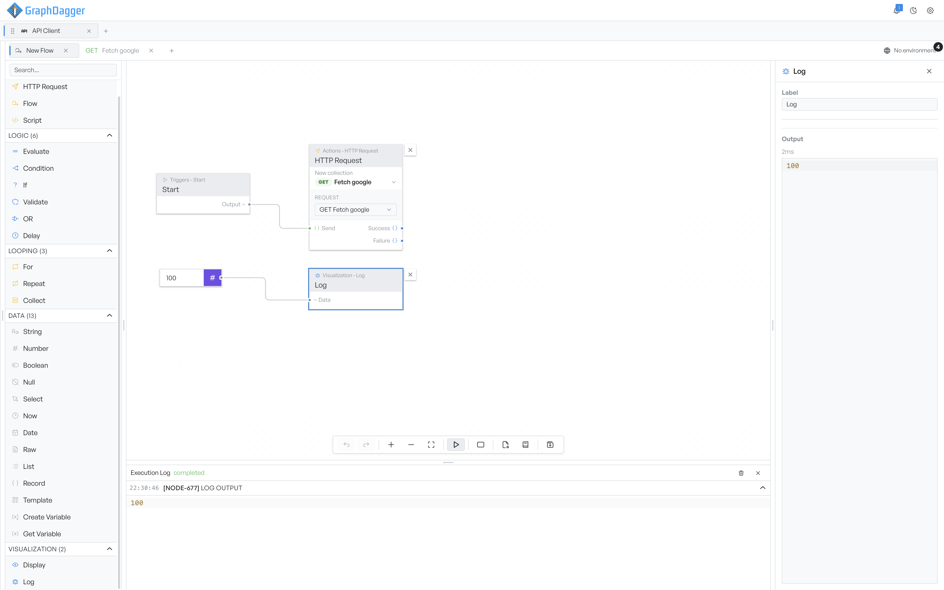 The flow inspector showing a selected block with its label field, configuration form and output
