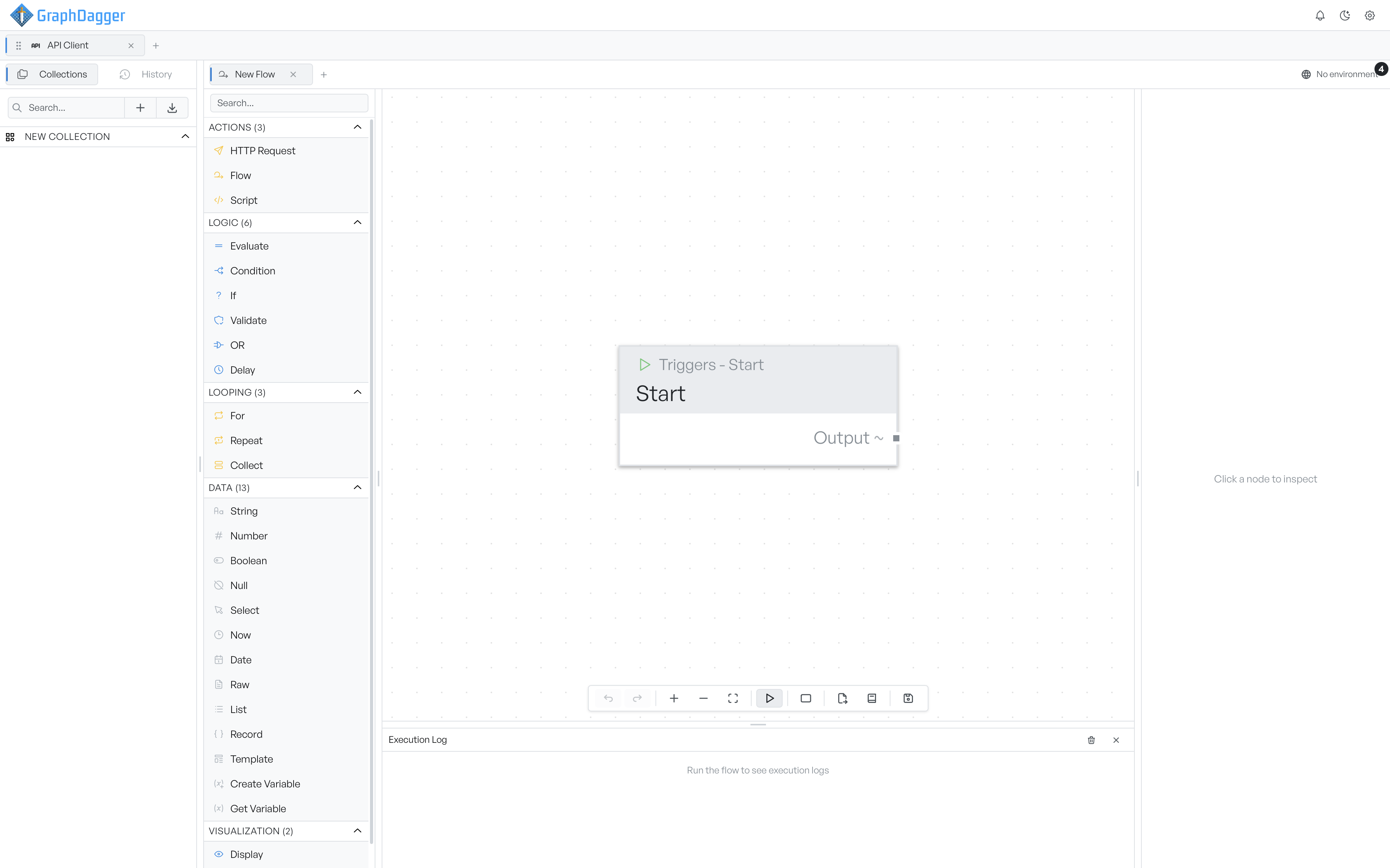 The flow workspace with the block catalogue on the left, a canvas in the centre, the inspector on the right and the execution log along the bottom