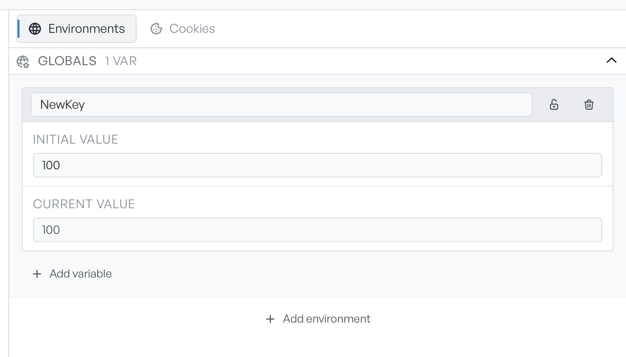 The Environments tab with the Globals section expanded, showing a variable's initial and current value