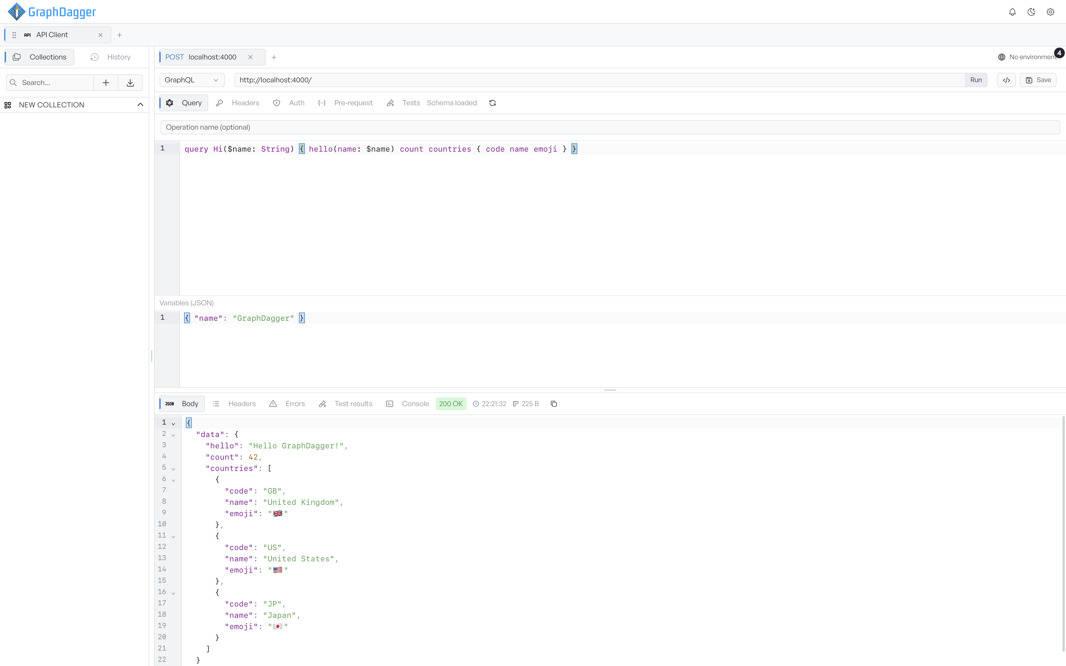 A GraphQL request with a query, a variables block, and the JSON response below