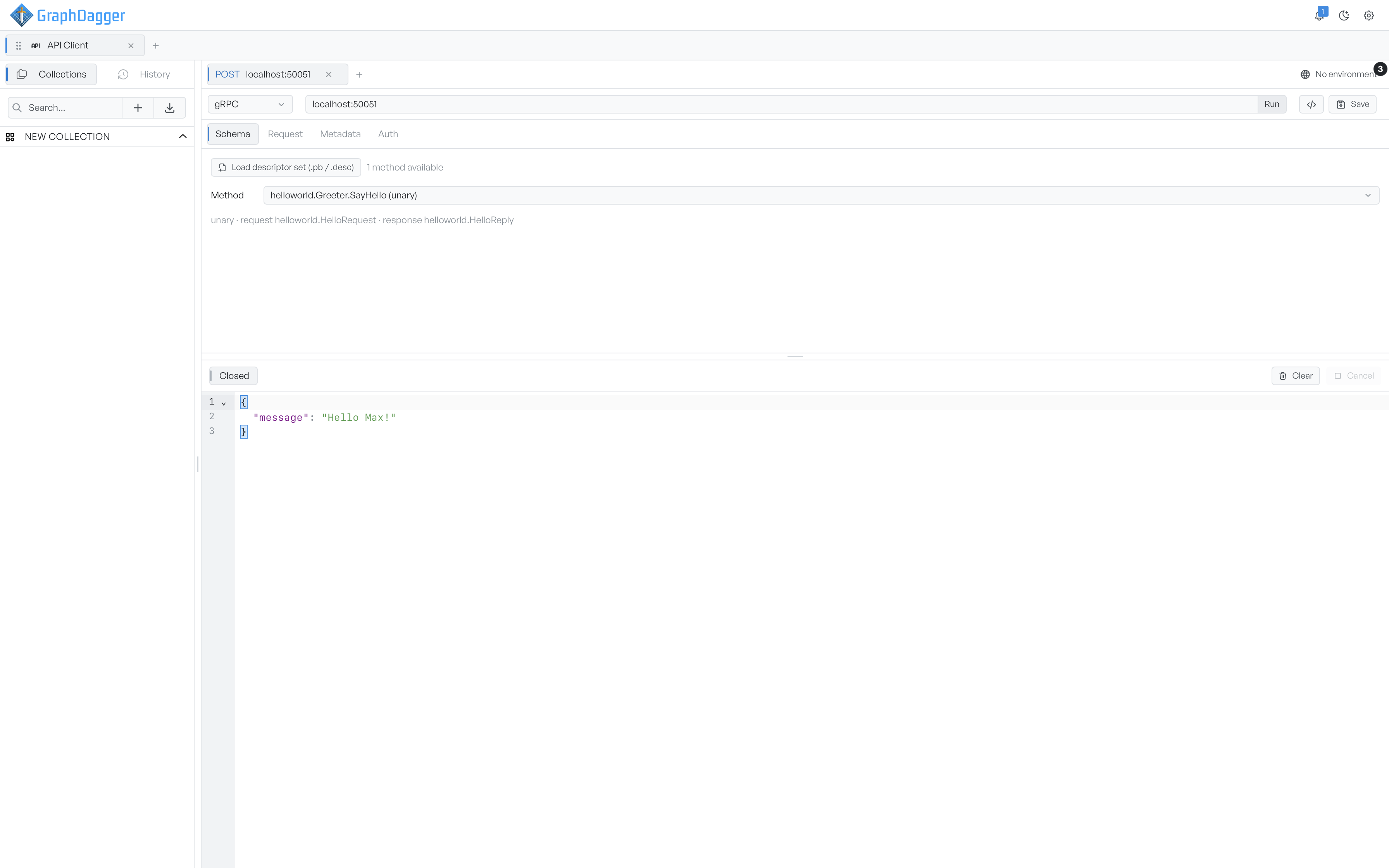 The gRPC Schema tab with a descriptor loaded and a method selected