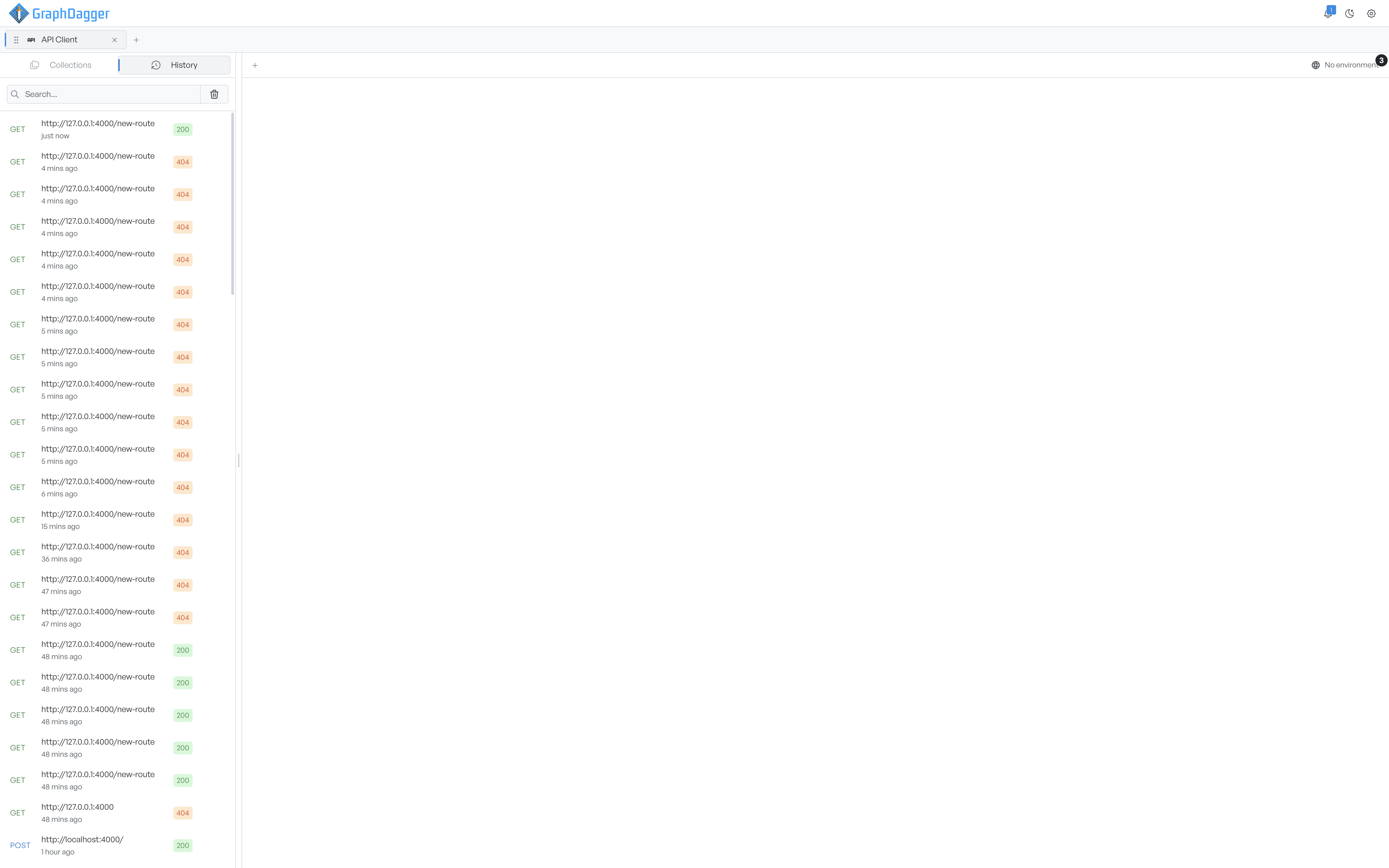 The History tab listing recent requests, each with a coloured method, a URL, a relative time, and a status badge