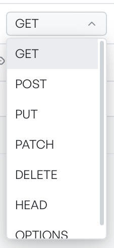 The method dropdown open, showing GET, POST, PUT, PATCH, DELETE, HEAD, and OPTIONS