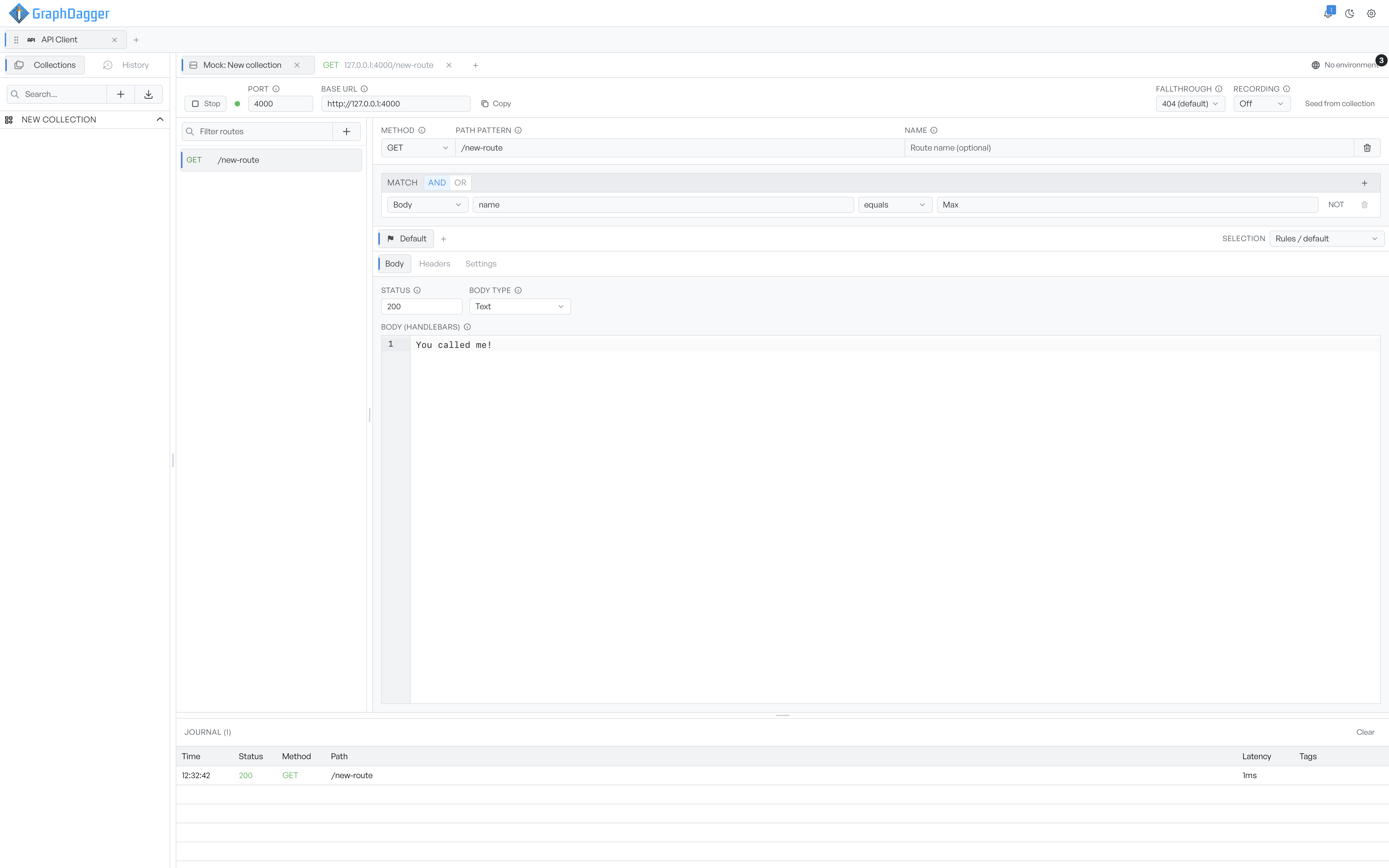 The mock route editor showing the method and path pattern, match conditions, and a response with a status code and a Handlebars body