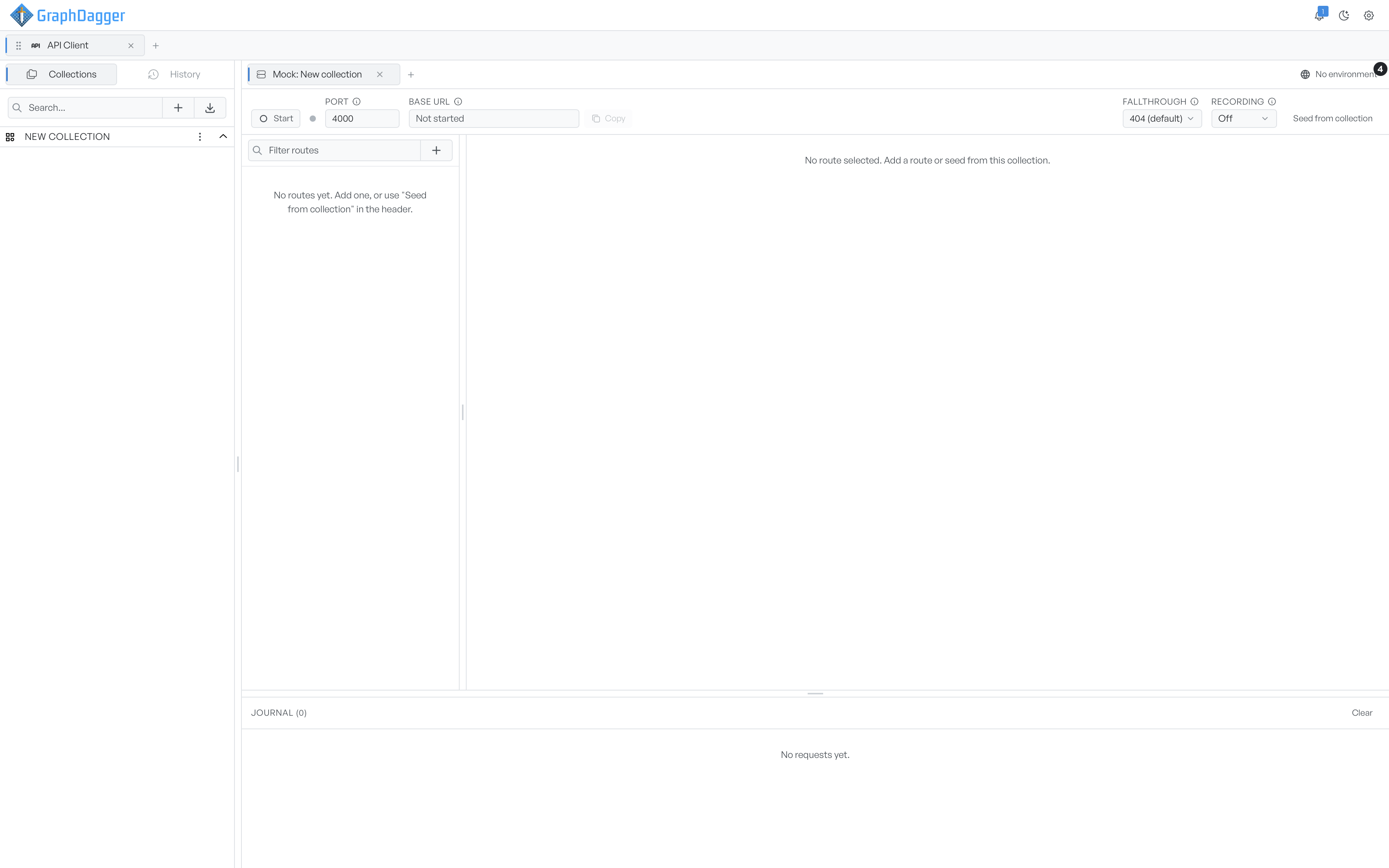 The mock server workspace showing the port, base URL, fallthrough, and recording controls above the route list and editor