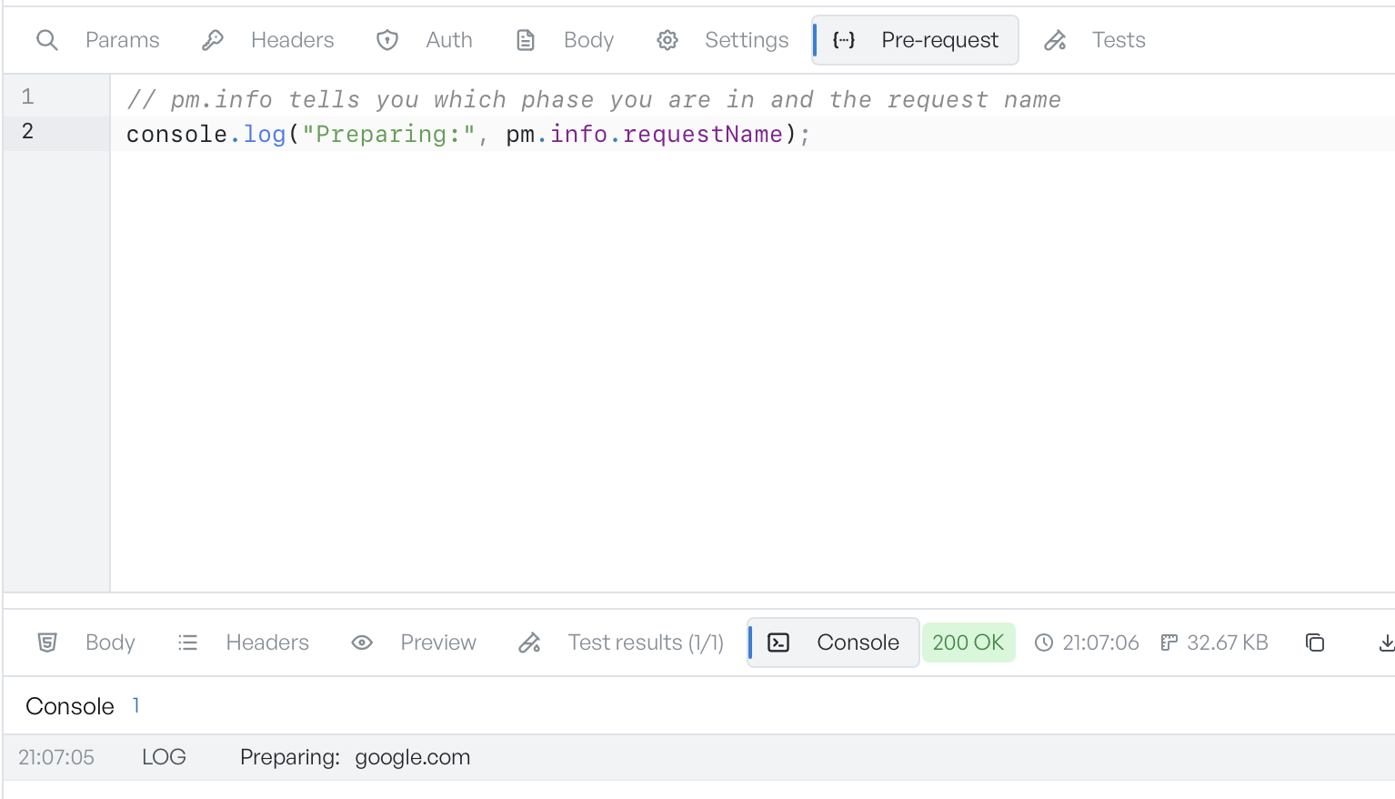 A pre-request script logging a value, with the output shown in the Console below