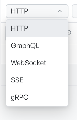 The request type dropdown open in the URL bar, showing HTTP, GraphQL, WebSocket, SSE, and gRPC