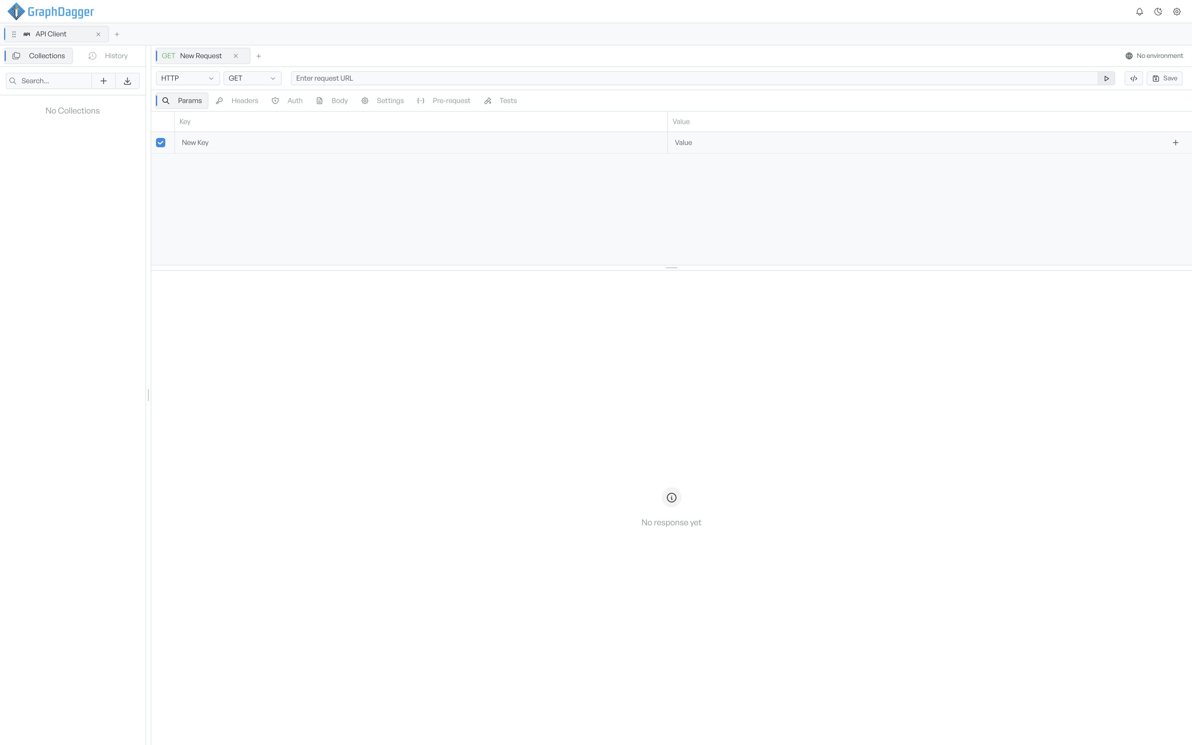 The request panel showing the URL bar above the Params, Headers, Auth, Body, Settings, Pre-request, and Tests tabs