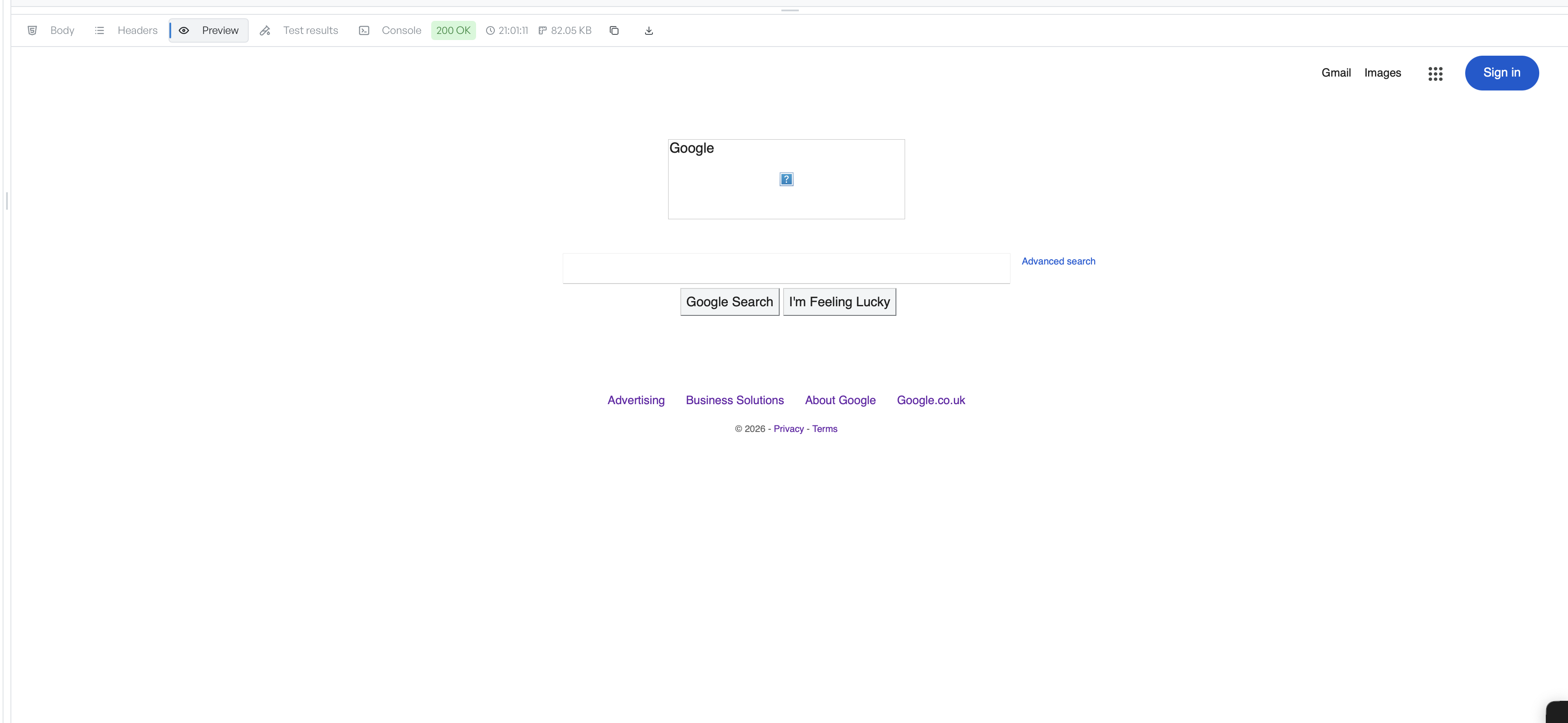 The Preview tab showing a rendered HTML response