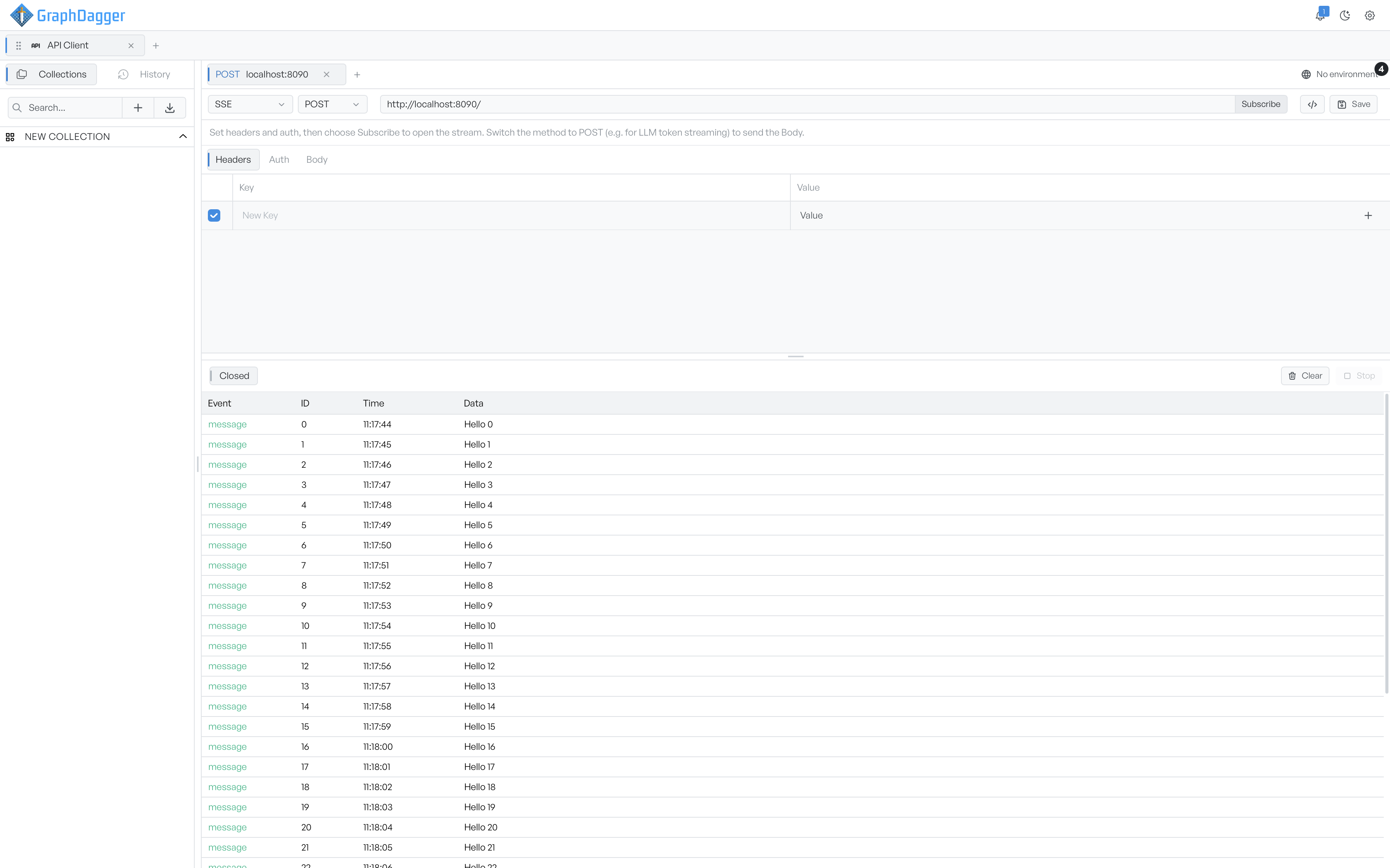 An open server-sent events stream listing events with a tokens per second readout