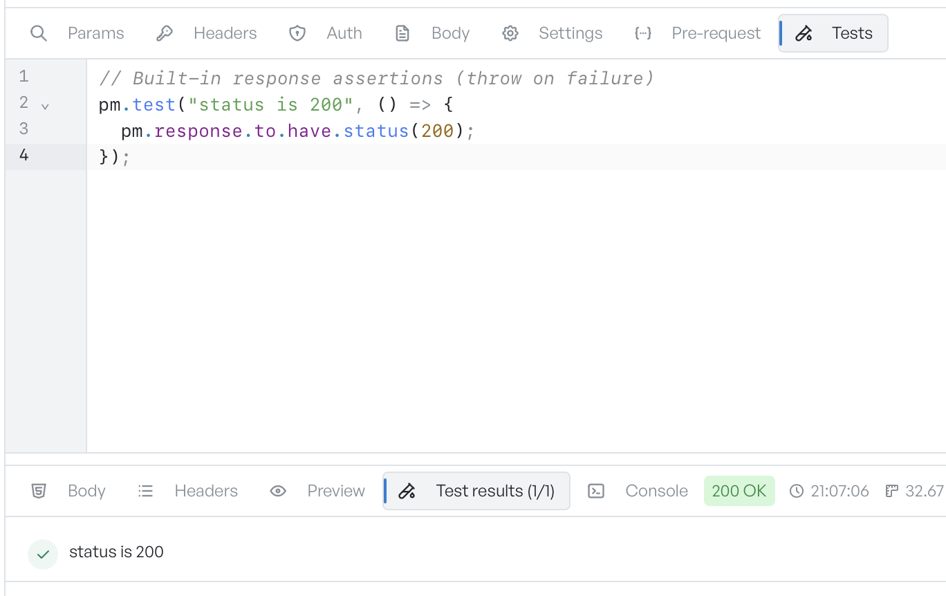 A test asserting the status is 200, with a passing result shown in the Test results tab