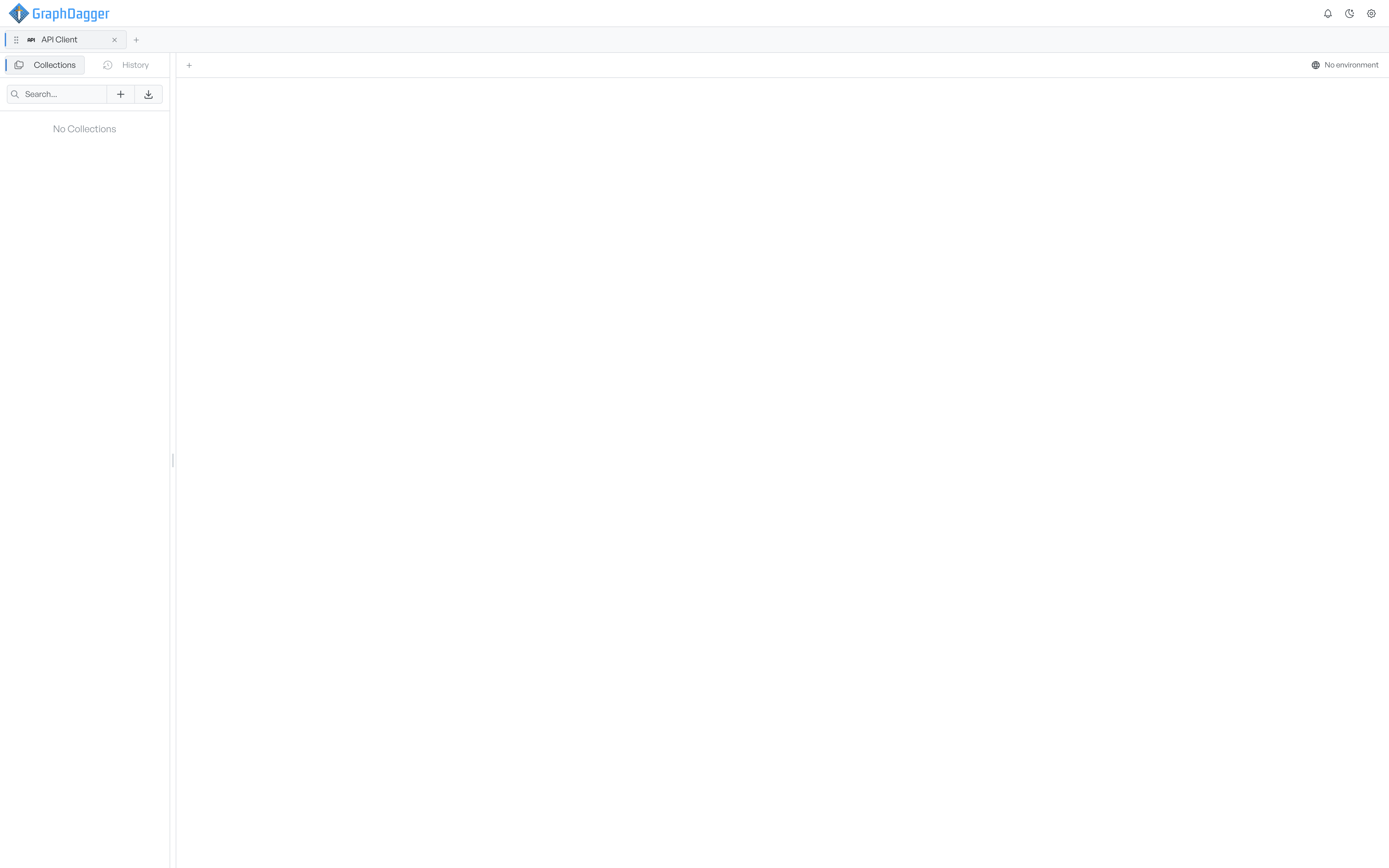 The API Client workspace when it first opens, with an empty Collections panel on the left and no request open yet