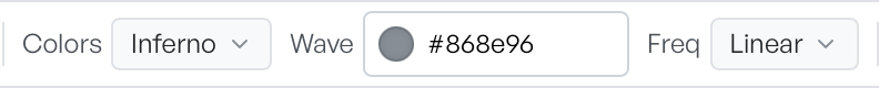 The Colors dropdown set to Inferno, the Wave colour picker showing a grey swatch and the value 868e96, and the Freq dropdown set to Linear