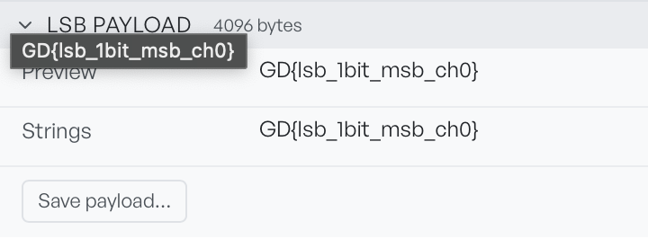 The LSB payload result section badged 4096 bytes, showing a preview and strings row both reading GD{lsb_1bit_msb_ch0}, with a Save payload button below