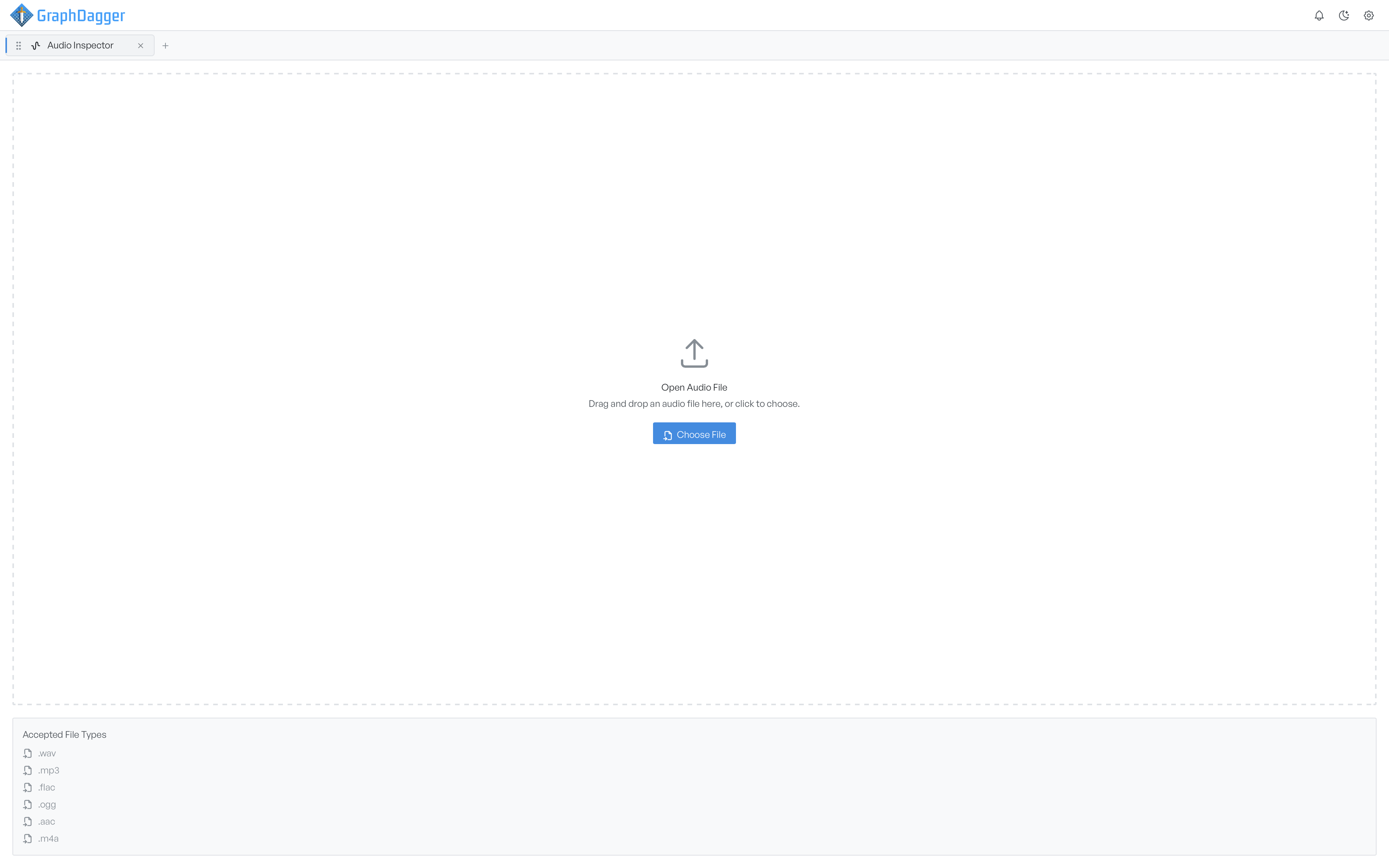 The empty Audio Inspector workspace with a central drop zone, an Open Audio File prompt, a Choose File button, and a panel below listing the accepted file types