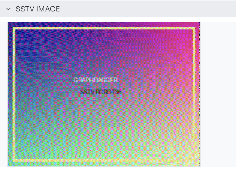 The SSTV result section showing a decoded test image with a colour gradient, a yellow border and the text GRAPHDAGGER SSTV ROBOT36