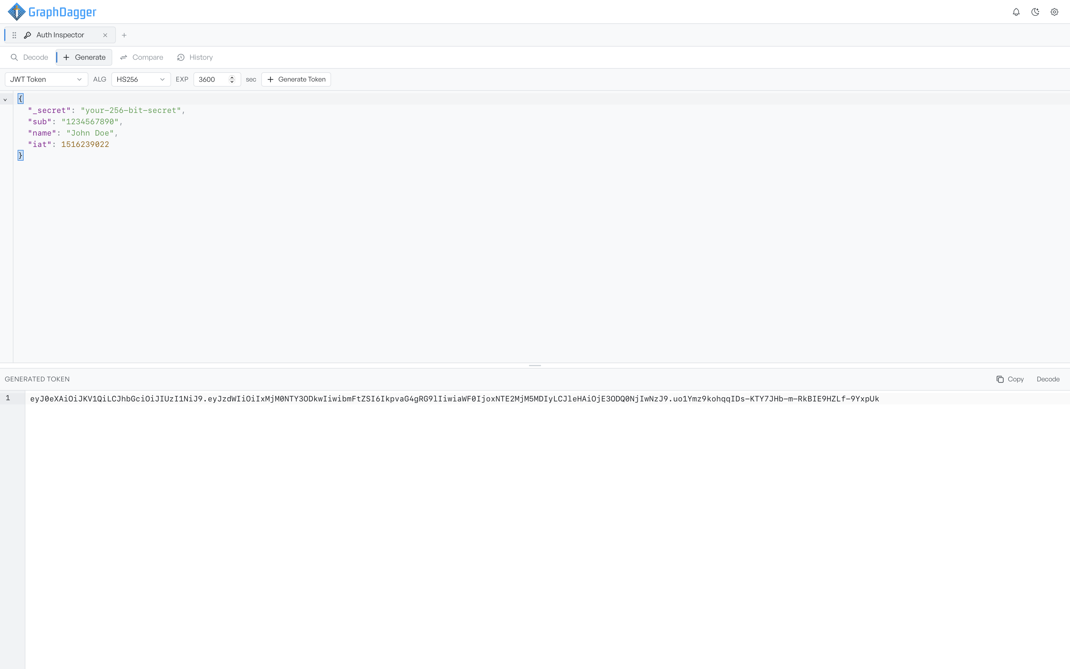 The JWT generator with a claims payload above and the signed token in the Generated Token panel below