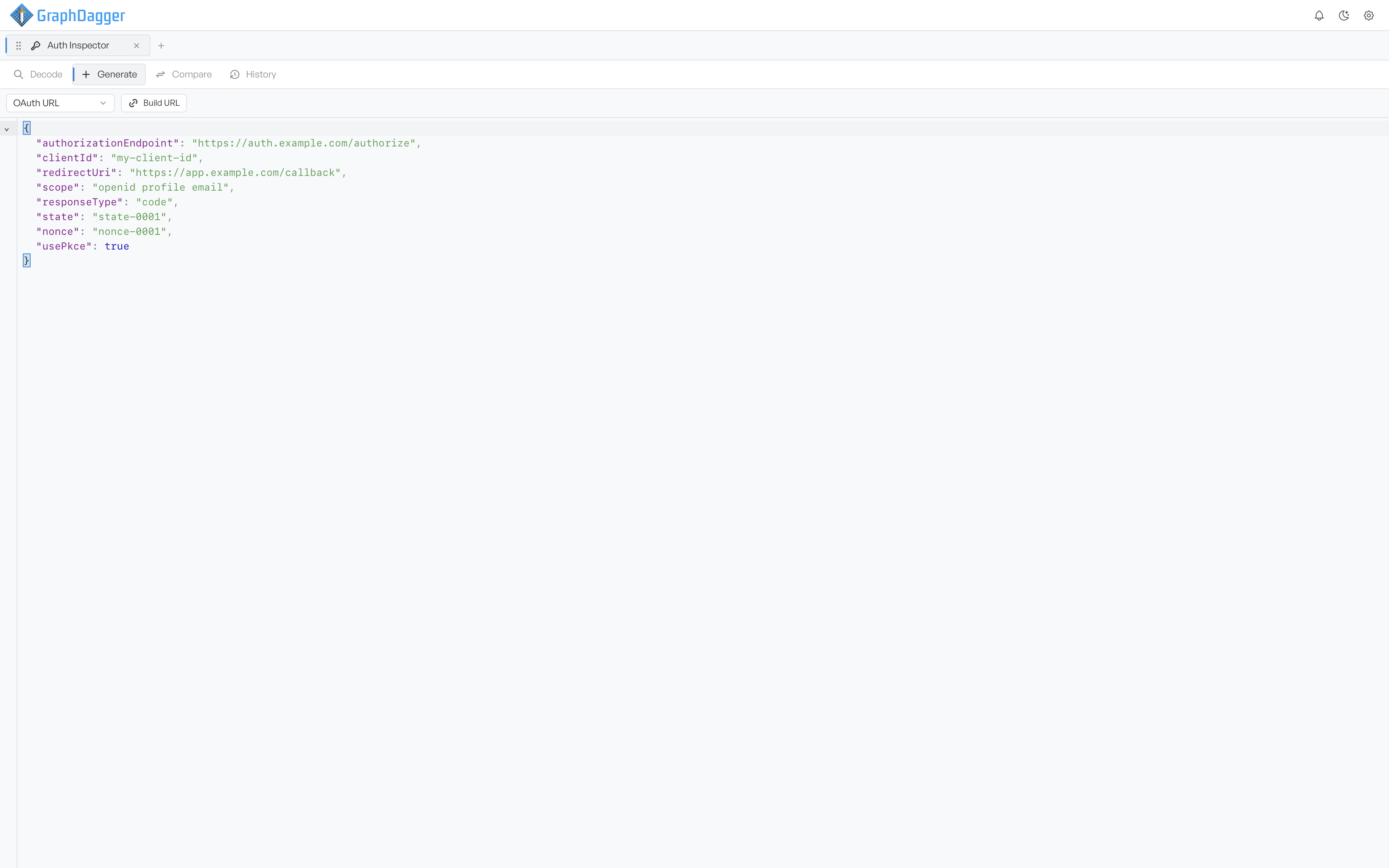 The OAuth URL generator with the request configuration as JSON and the Build URL button on the toolbar