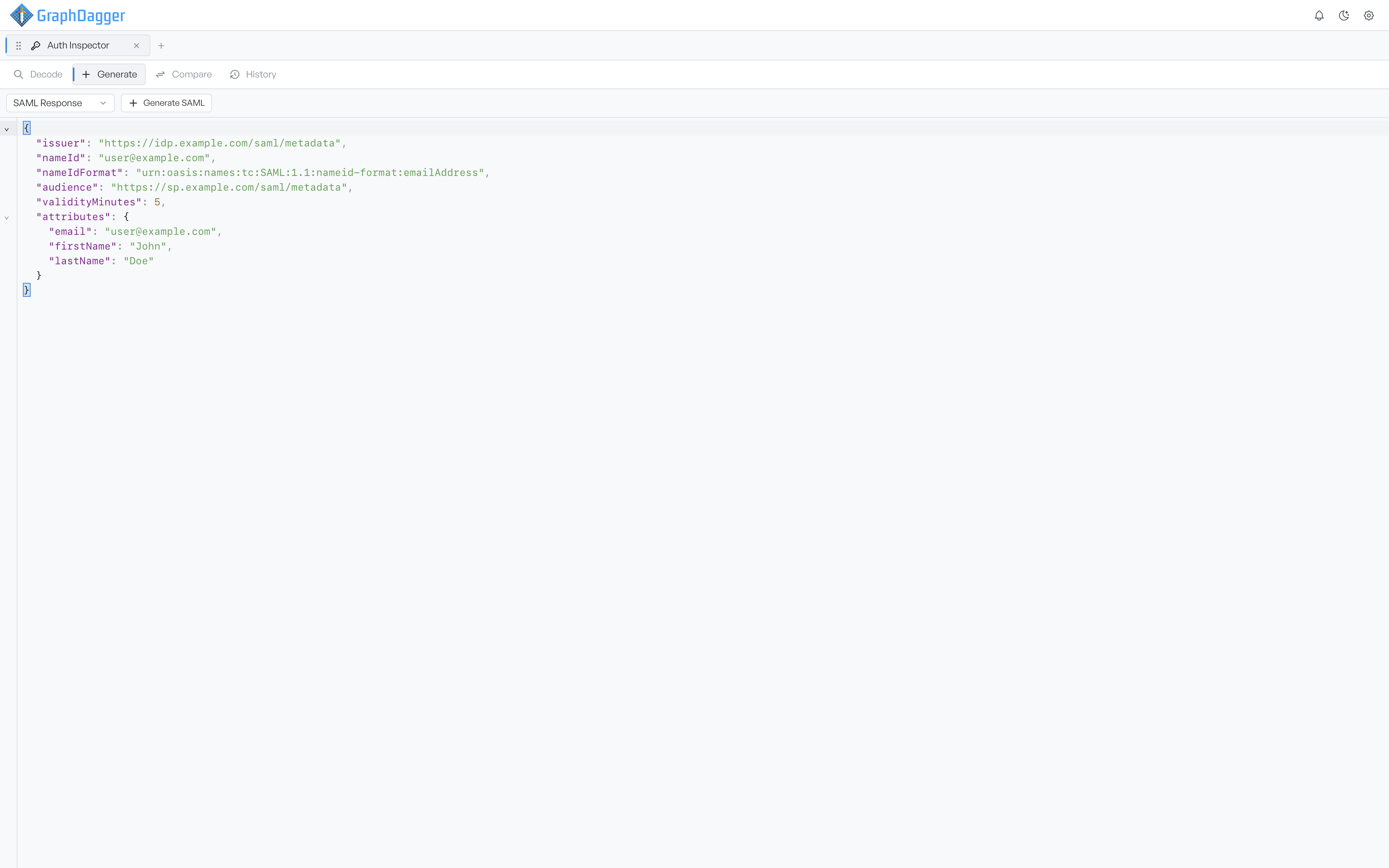 The SAML generator with the assertion configuration as JSON and the Generate SAML button on the toolbar