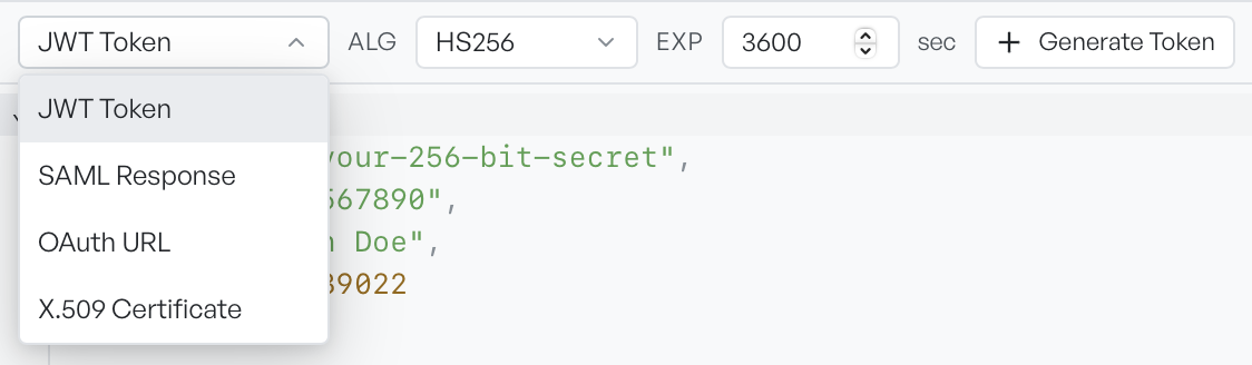 The Generate type dropdown open, showing JWT Token, SAML Response, OAuth URL, and X.509 Certificate