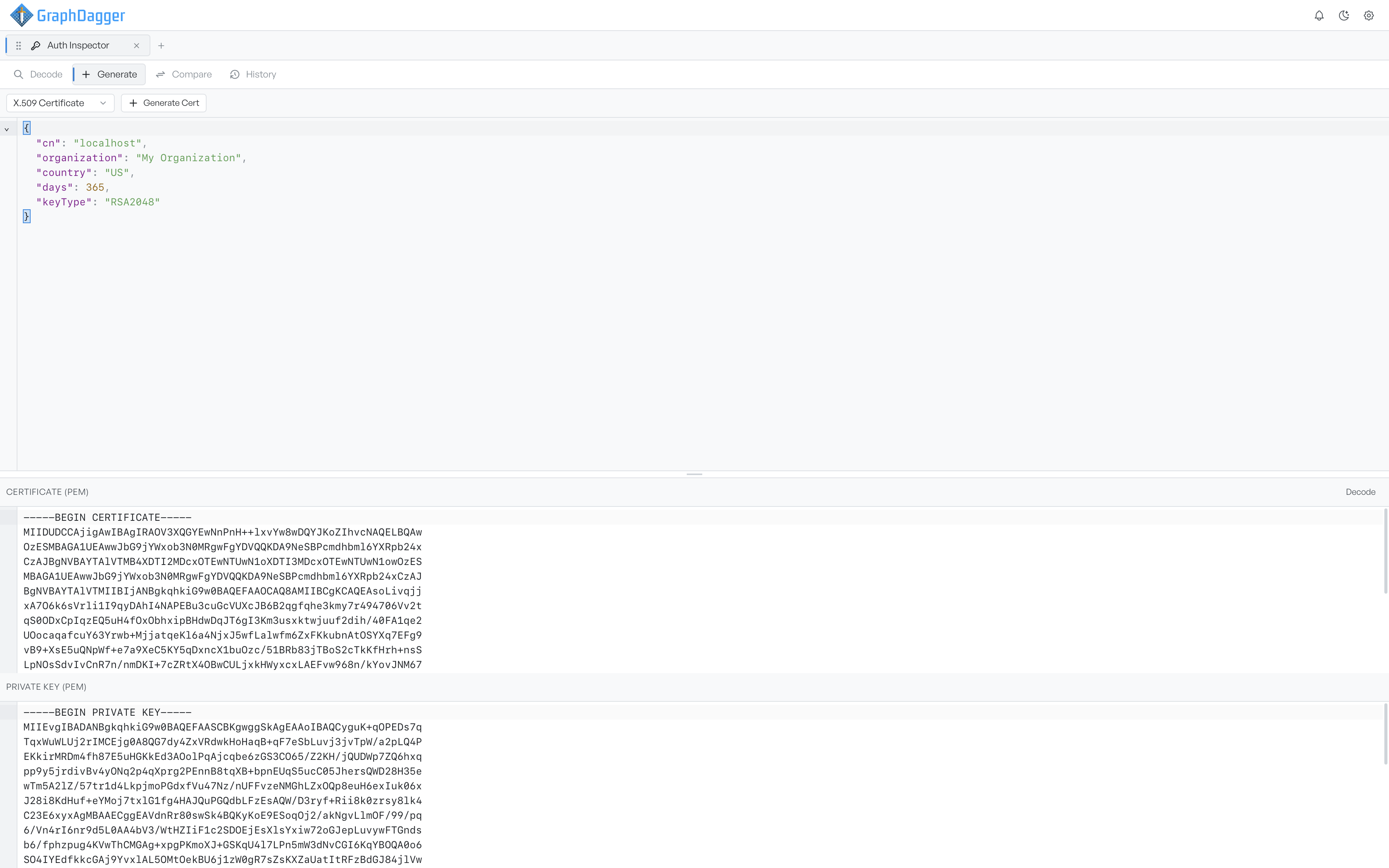 The X.509 generator with the subject configuration as JSON and the certificate and private key PEM blocks below