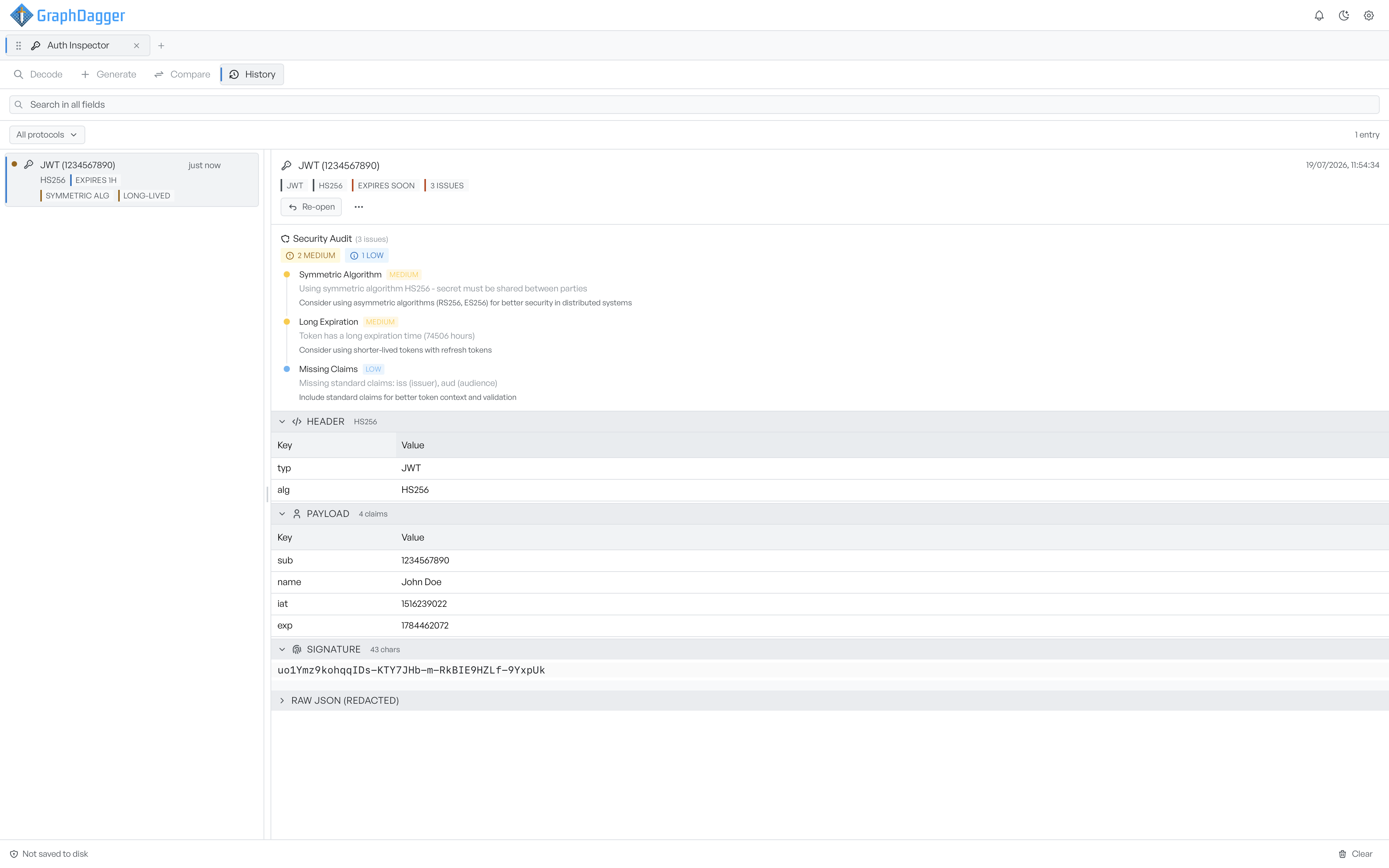 The History mode with an entry selected, showing its findings, decoded sections, and the redacted raw view