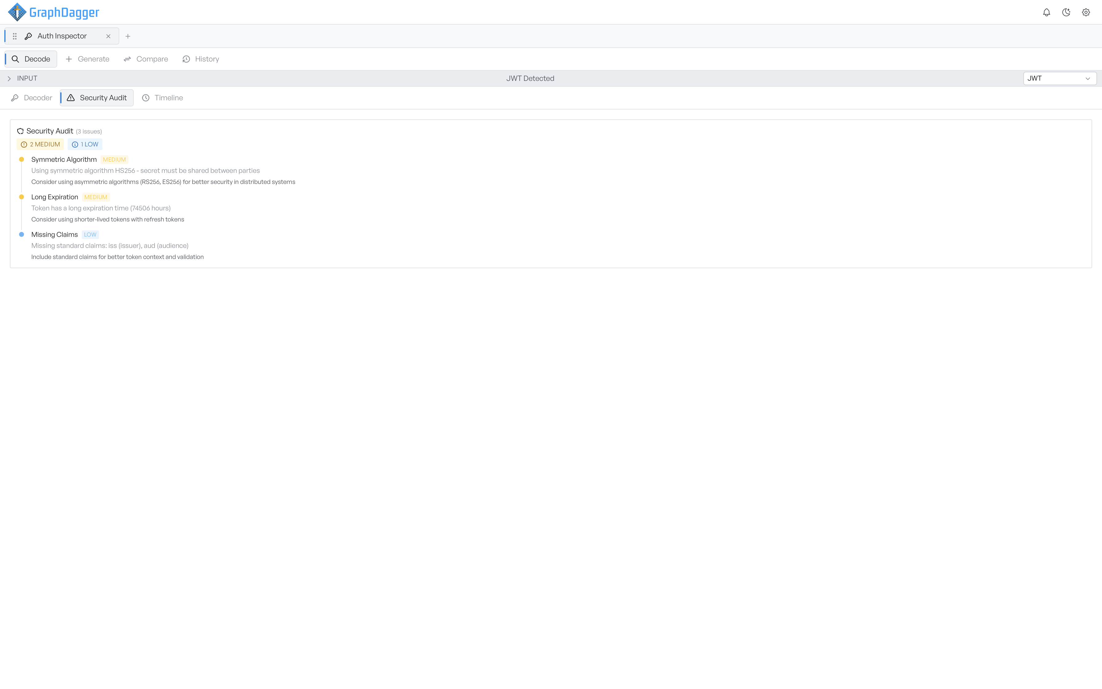 The Security Audit tab for a JWT reporting three issues: two medium and one low