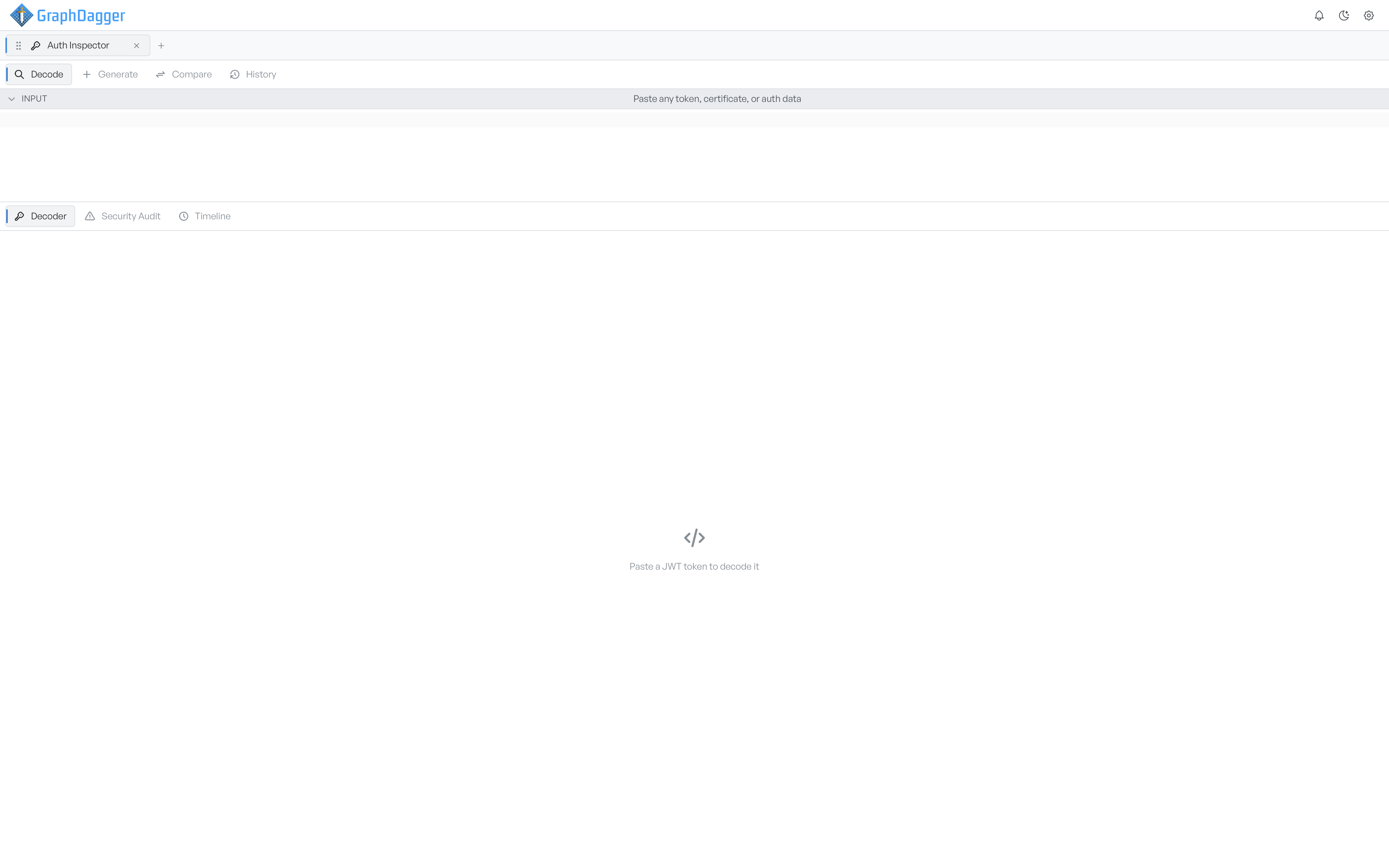 The empty Auth Inspector workspace with Decode selected, the input bar at the top, and the Decoder, Security Audit, and Timeline tabs below