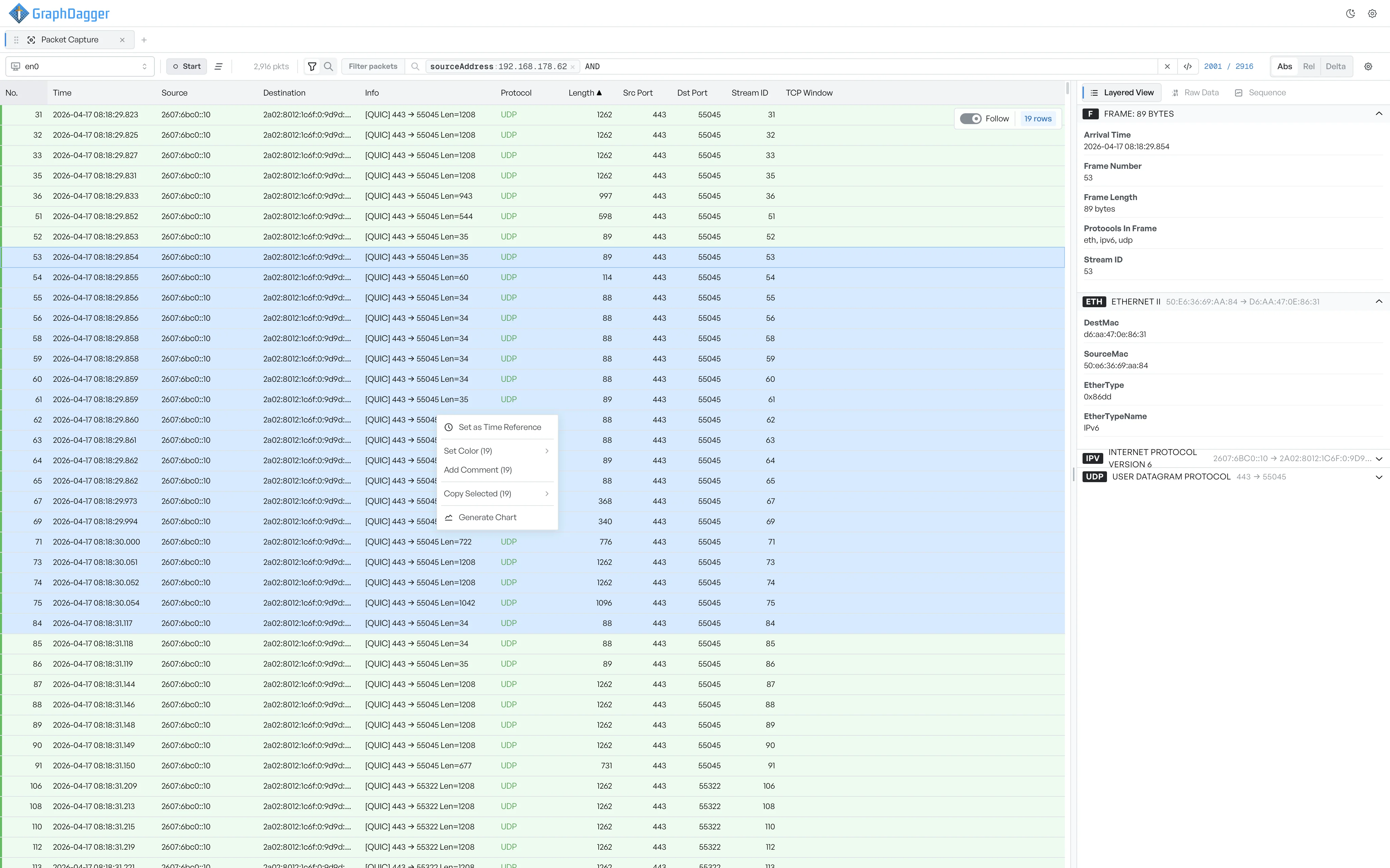 The packet list with several rows selected and the right-click menu open, with Generate Chart shown as the last item