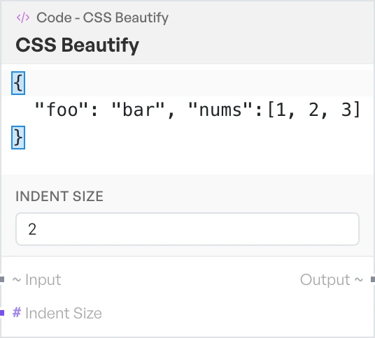 The CSS beautify block on the canvas