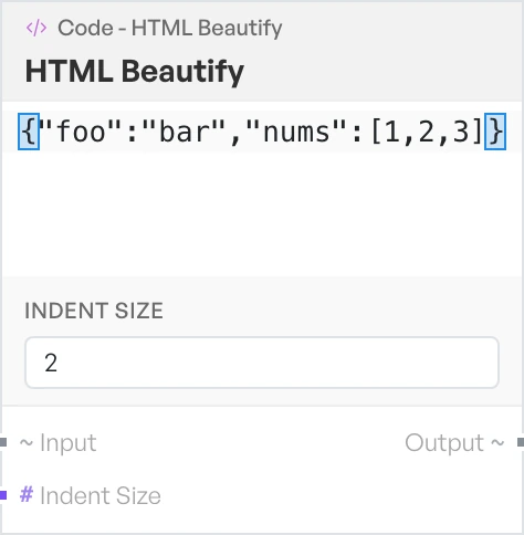 The HTML beautify block on the canvas