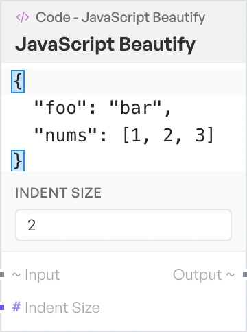 The JavaScript beautify block on the canvas