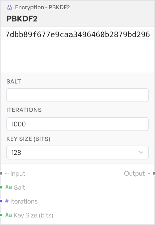 The PBKDF2 block on the canvas