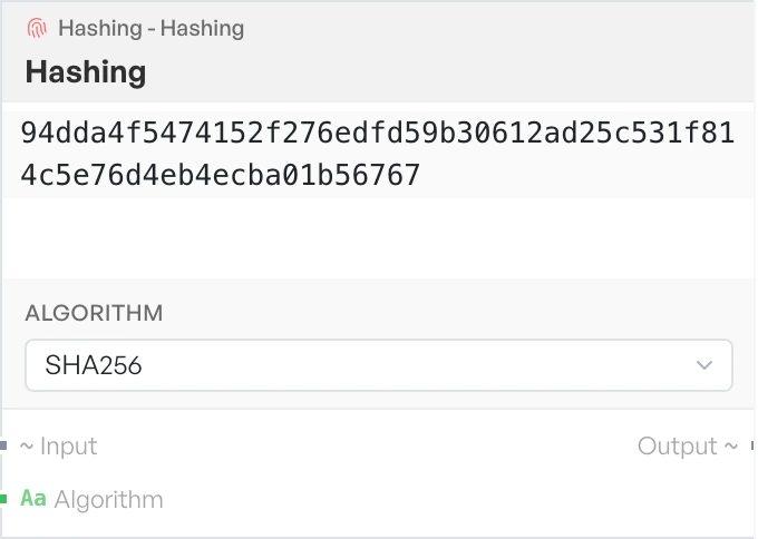 The generic Hashing block on the canvas
