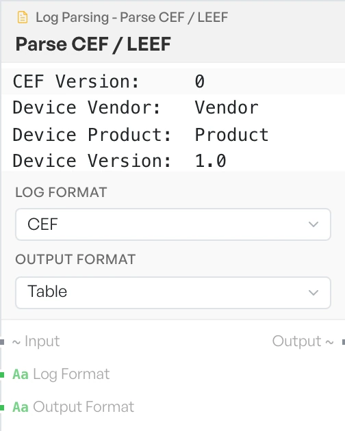 The Parse CEF and LEEF block on the canvas.