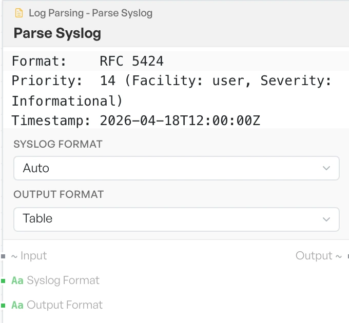 The Parse Syslog block on the canvas.