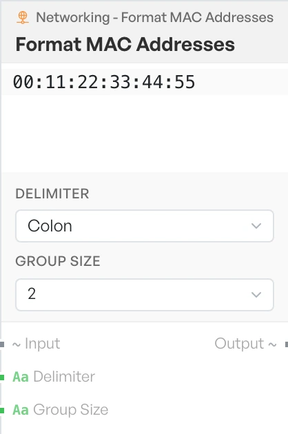 The Format MAC Addresses block on the canvas.