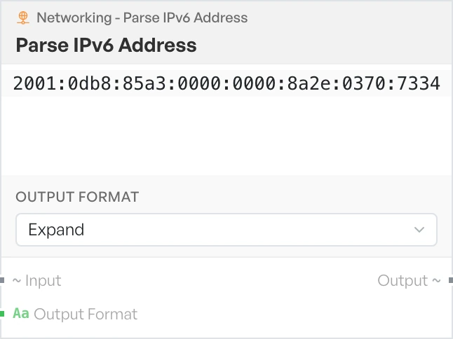 The Parse IPv6 Address block on the canvas.