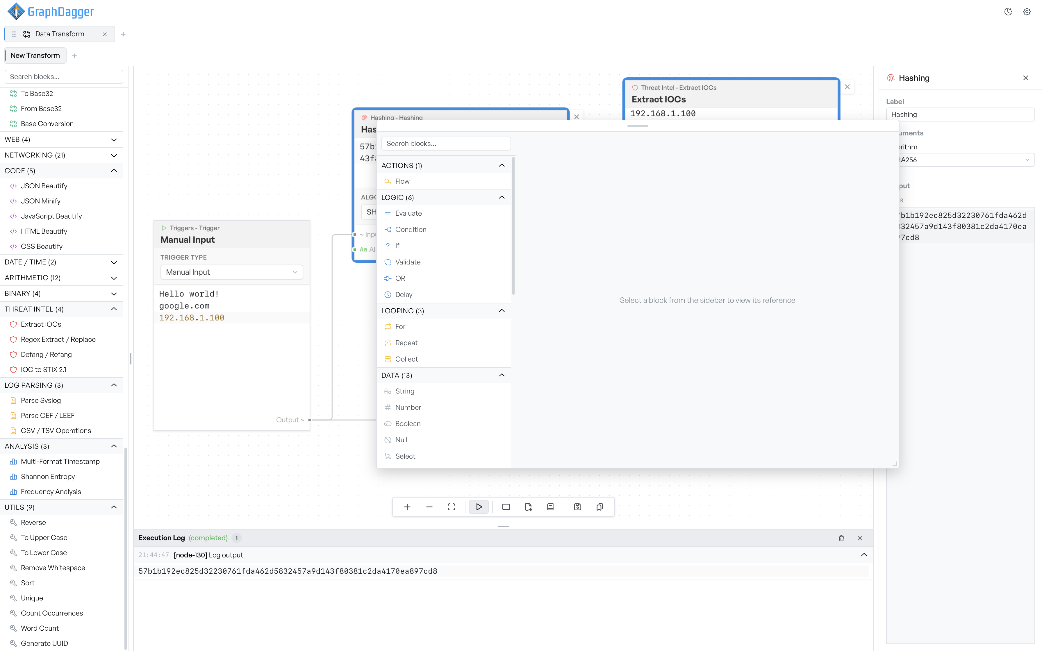 The block picker open over the canvas, listing categories with their blocks nested inside