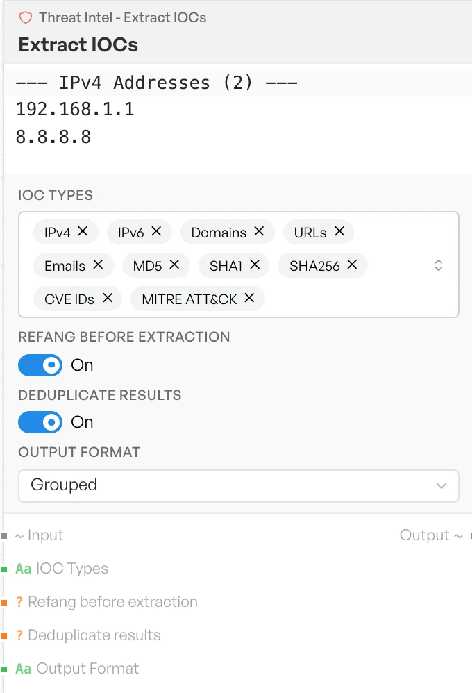 The Extract IOCs block on the canvas.