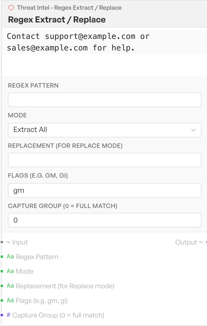 The Regex Extract and Replace block on the canvas.