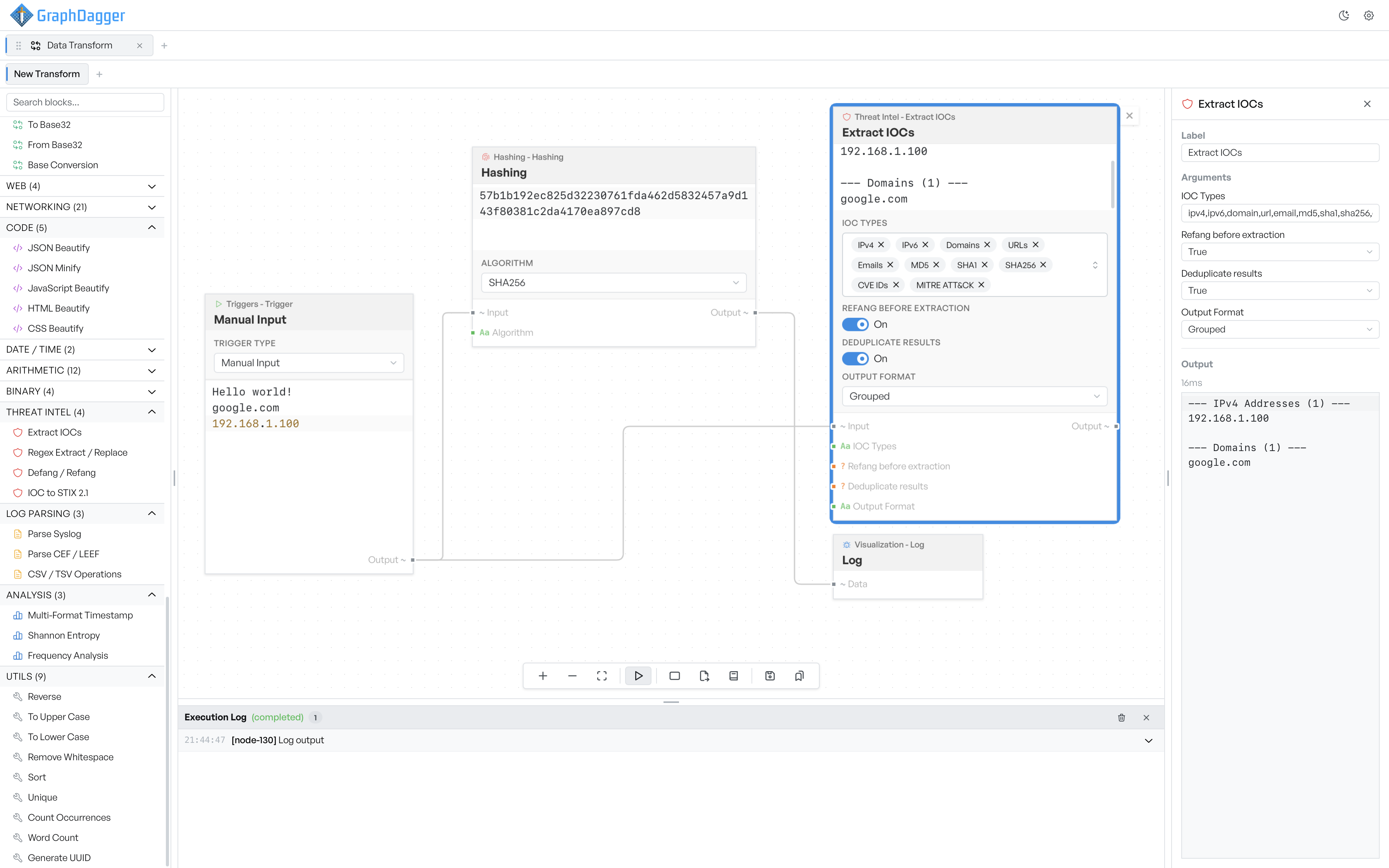 The Data Transform workspace showing the block catalogue on the left, a flow on the canvas, the inspector on the right, and the execution log along the bottom